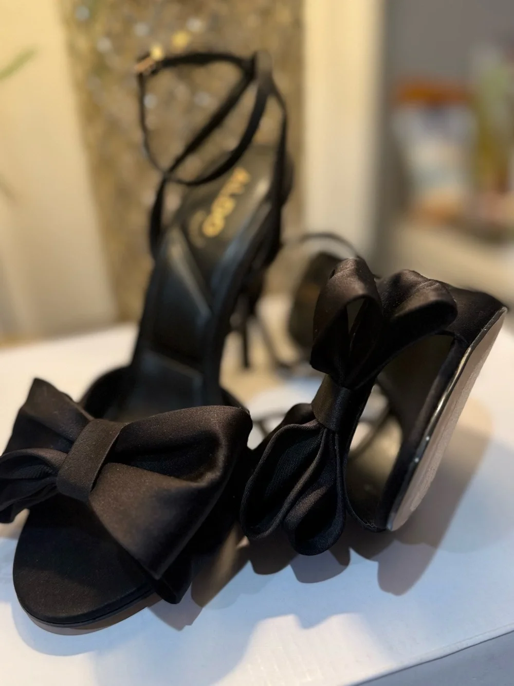 NEW Aldo Tinsletta Black Satin Bow Heels Size 7 Ankle Strap Stiletto - Picture 3 of 7